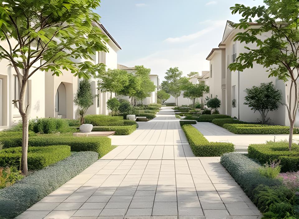 Ingreso a barrio privado con senderos de piso cerámico, jardinería prolija y casas de líneas simples