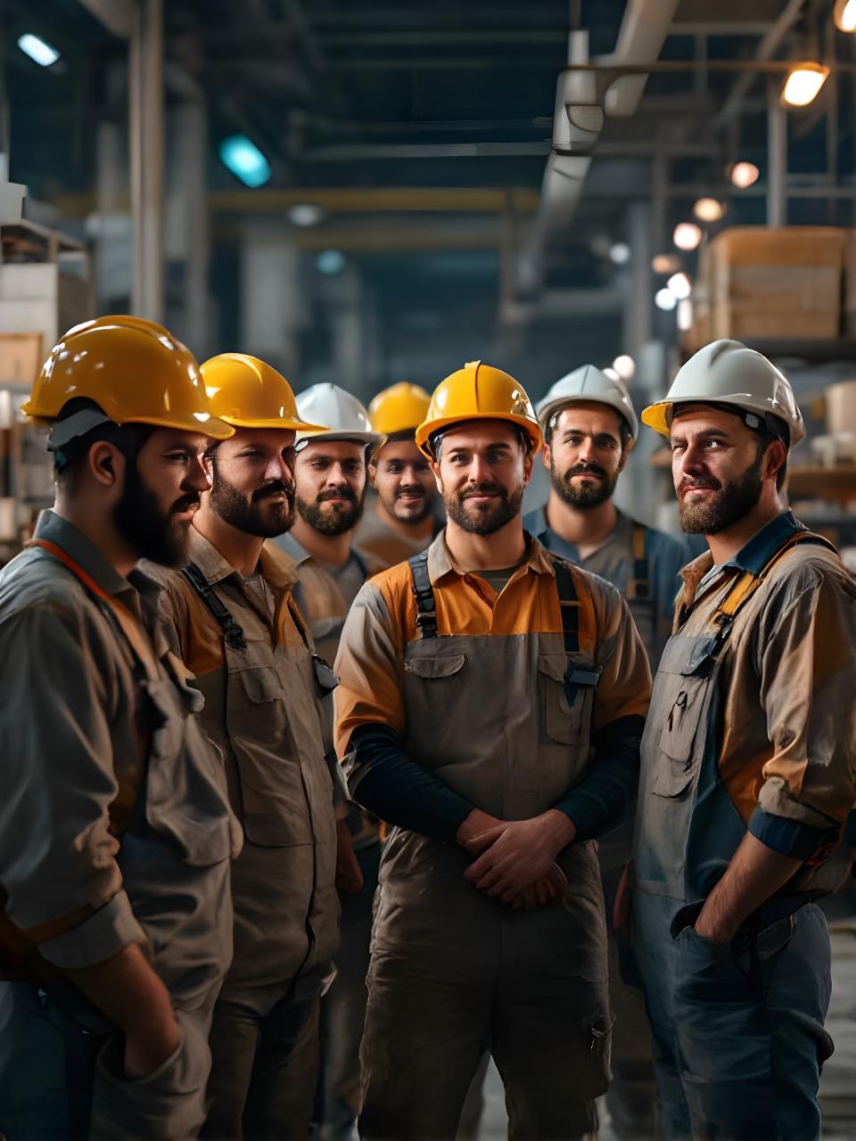 Equipo ceramista reunido dentro de la planta en Rosario con cascos, módulos de producción al fondo y clima de trabajo colaborativo