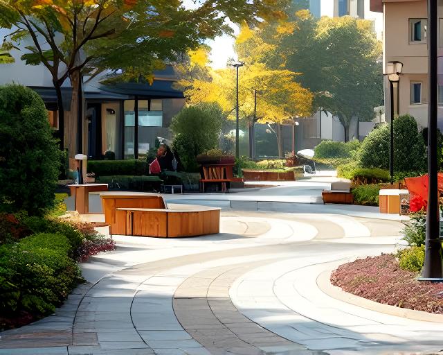 Plaza urbana con senderos cerámicos y equipamiento público en un entorno arbolado