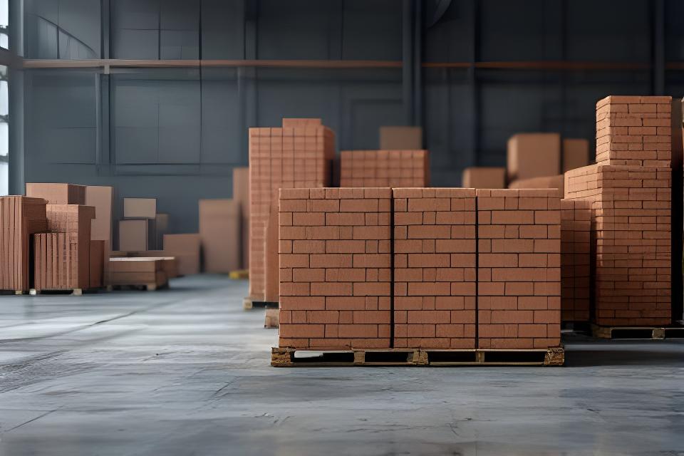 Depósito industrial con pilas ordenadas de cerámicos y ladrillos listos para distribución