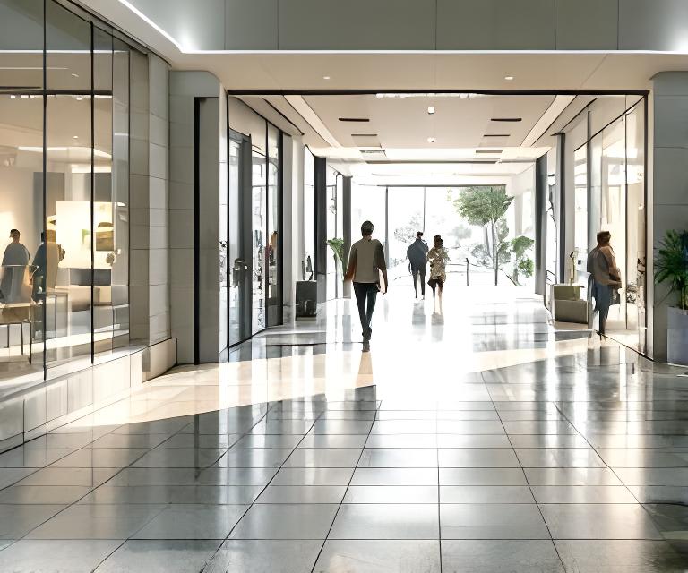 Galería comercial luminosa en Santa Fe con pisos cerámicos amplios, locales vidriados y circulación peatonal ordenada