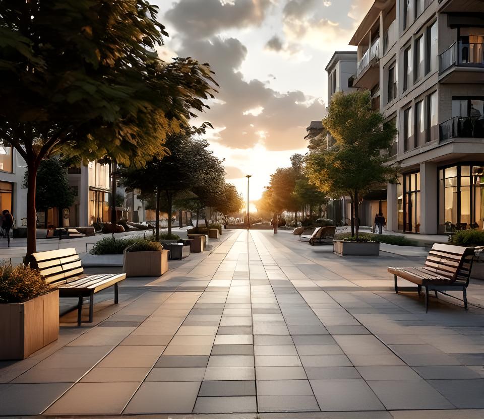 Plaza pública renovada en Paraná con senderos cerámicos, bancos urbanos y arbolado maduro al atardecer