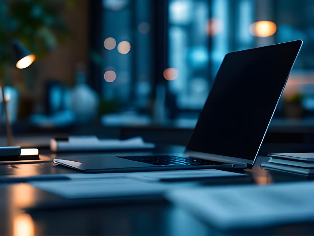 Mesa de trabajo con documentos legales y una laptop en una oficina luminosa de Rosario