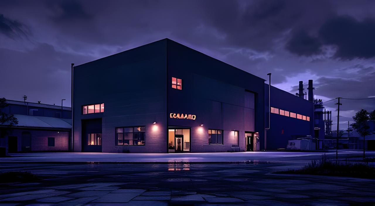 Fachada nocturna de la planta cerámica en Rosario con iluminación industrial y textura de ladrillo artesanal