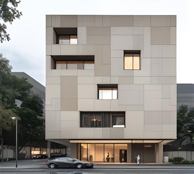 Edificio corporativo contemporáneo en Córdoba con piel cerámica ventilada y acceso principal sobrio