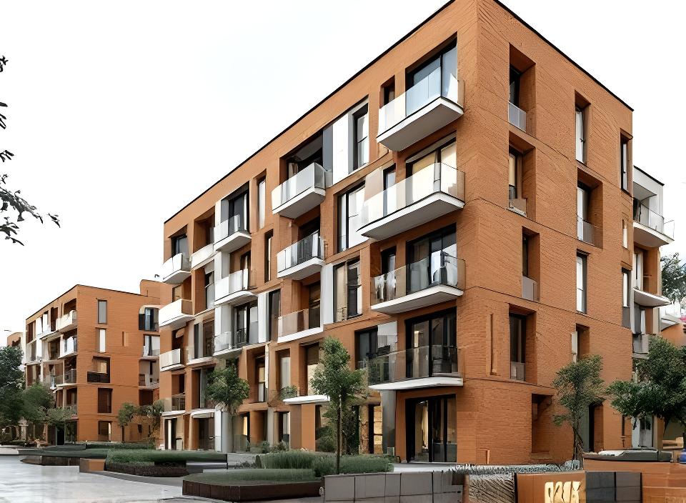 Fachada de complejo residencial contemporáneo en Rosario con balcones amplios y revestimiento cerámico de tono cálido